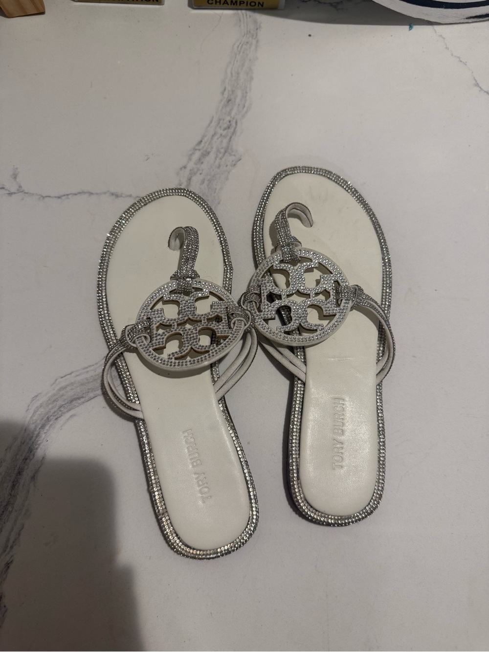 Silver Crystal Logo Slide Sandals